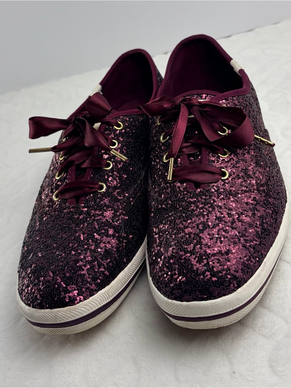 Kate Spade X Keds Glitter Sneakers Size 11  Ribbon Strings Burgundy Purple